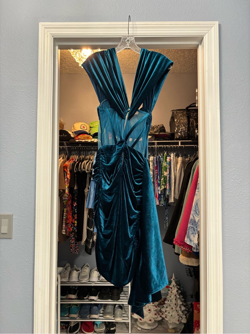 One-Shoulder Teal Velvet Draped Evening Dress - Picture 3 of 8